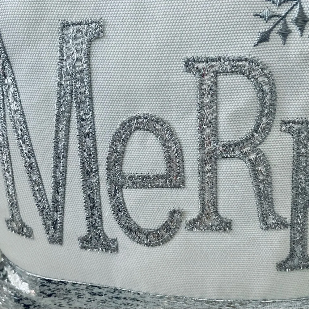 “Merry” silver metallic embroidered on white snowflake holiday Christmas pillow